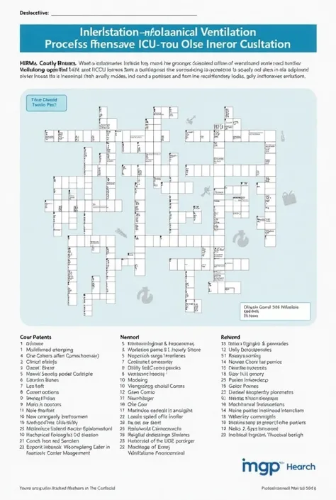 Crossword puzzle about mechanical ventilation in the ICU with 20 words