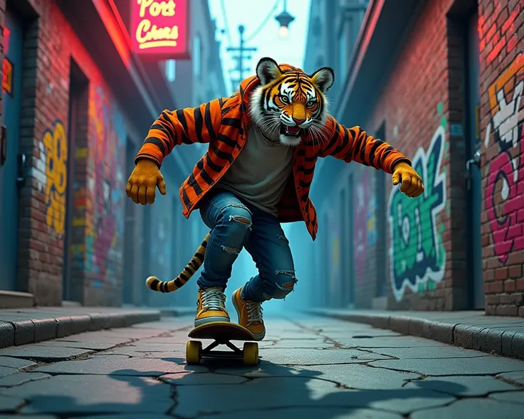 A quirky tiger-human hybrid with the fierce head of a tiger and the lanky, skinny body of a human male rides a skateboard down a shady urban street covered in vibrant graffiti. His striped fur blends into his grunge-style outfit—an oversized, ripped flanne...