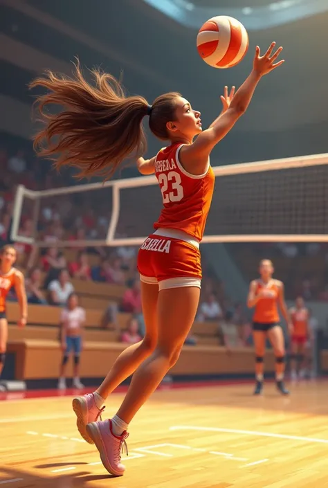 I would like to create a girl playing volleyball on a floor court with her number 23 and her name Isabella.c) your brown skin color with a mane 