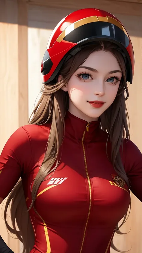 woman , long hair golden brown, normal, she is solo, from alternative world ,best quality, realistic, cycling full red black suit and cycling sports black shorts, she is stand , smile, red lipstick , helmet 