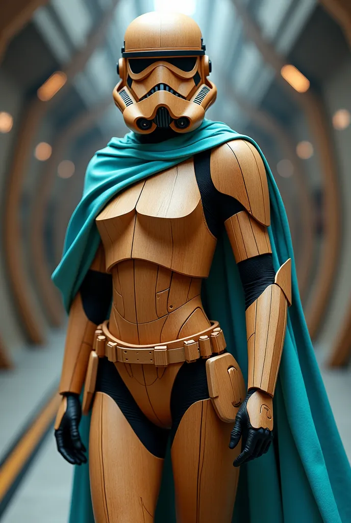 Sexy female stormtrooper (Star Wars), carved wooden leotard, wood helmet, wood armor, wood mask, wearing cyan cape