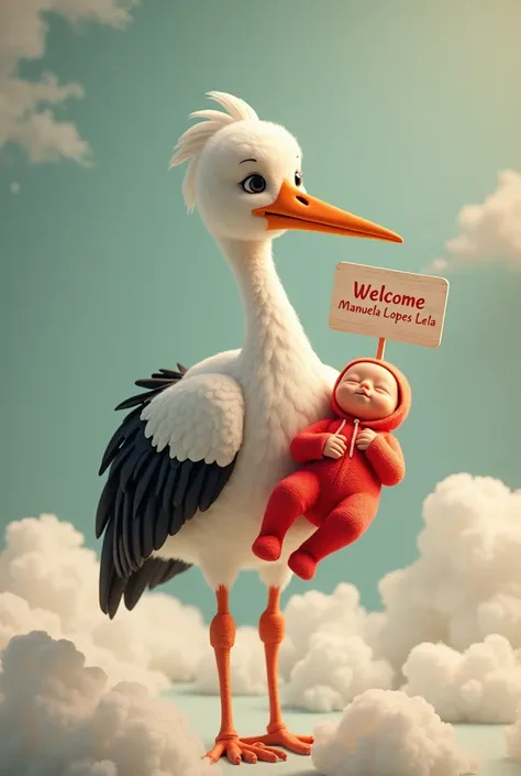 Stork holding a baby wearing red jumpsuits and with a wing holding a sign written Welcome Manuela Lopes Lela 