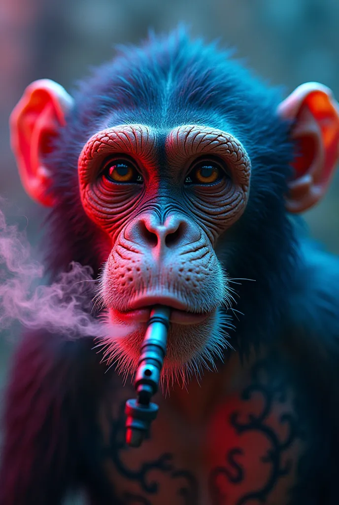 The face of a monkey smoking a half-robot cigarette with a neon aureole and tattooing them and making her beautiful