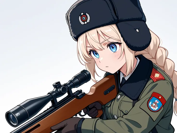 Girl in the Russian Ushanka hat. Sniper girl targeting a Dragunov. Russian Military Uniform.  blue eyes.  light blond hair . Braid.