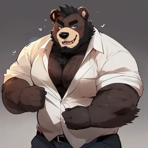 bear, furry, black fur, handsome, very muscular, very big, extremely hot and sexy, beard, hair, chest hair, charming eyes, solo, male, happy expression, daddy, full body, big body, clothes, middle aged, by hyaku, by darkgem, by glitter trap boy