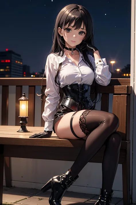  masterpiece,  Anime style, A young girl, (( of foot)), ( seen from the front ), pretty face,  tender look,  long black hair,  detailed eye comforter,  black eyes,  choker : 1.6, (( long sleeve white shirt )), ( black gloves ), (black leather corset), ((mi...