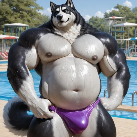 furry male, solo, bara, bare pectorals, biceps, detailed fur, Alaskan malamute dog, older, looking at viewer, huge bodybuilder, (fat belly:0.95), muscular male, nipples, veins, big pectorals, big butt, standing, ((topless, purple speedo, thin speedo)), (fr...