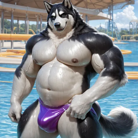 furry male, solo, bara, bare pectorals, biceps, detailed fur, Alaskan malamute dog, older, looking at viewer, huge bodybuilder, (fat belly:0.95), muscular male, nipples, veins, big pectorals, big butt, standing, ((topless, purple speedo, thin speedo)), (fr...