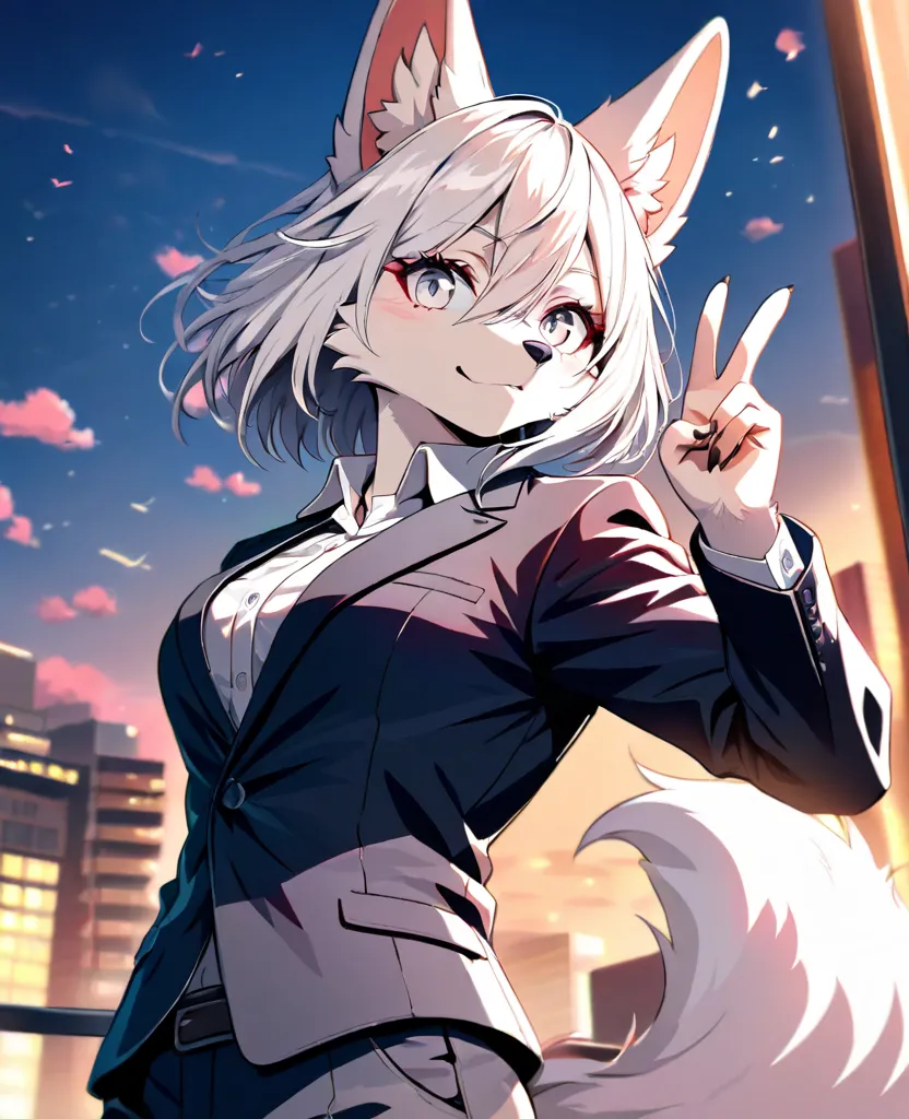 masterpiece, best quality, ultra detailed ,fox girl,furry,smiling, making a V sign, looking at viewer, bob, hair between eyes, white hair, silver eyes, suit, pants, outside, at dusk, cute, kawaii, anime