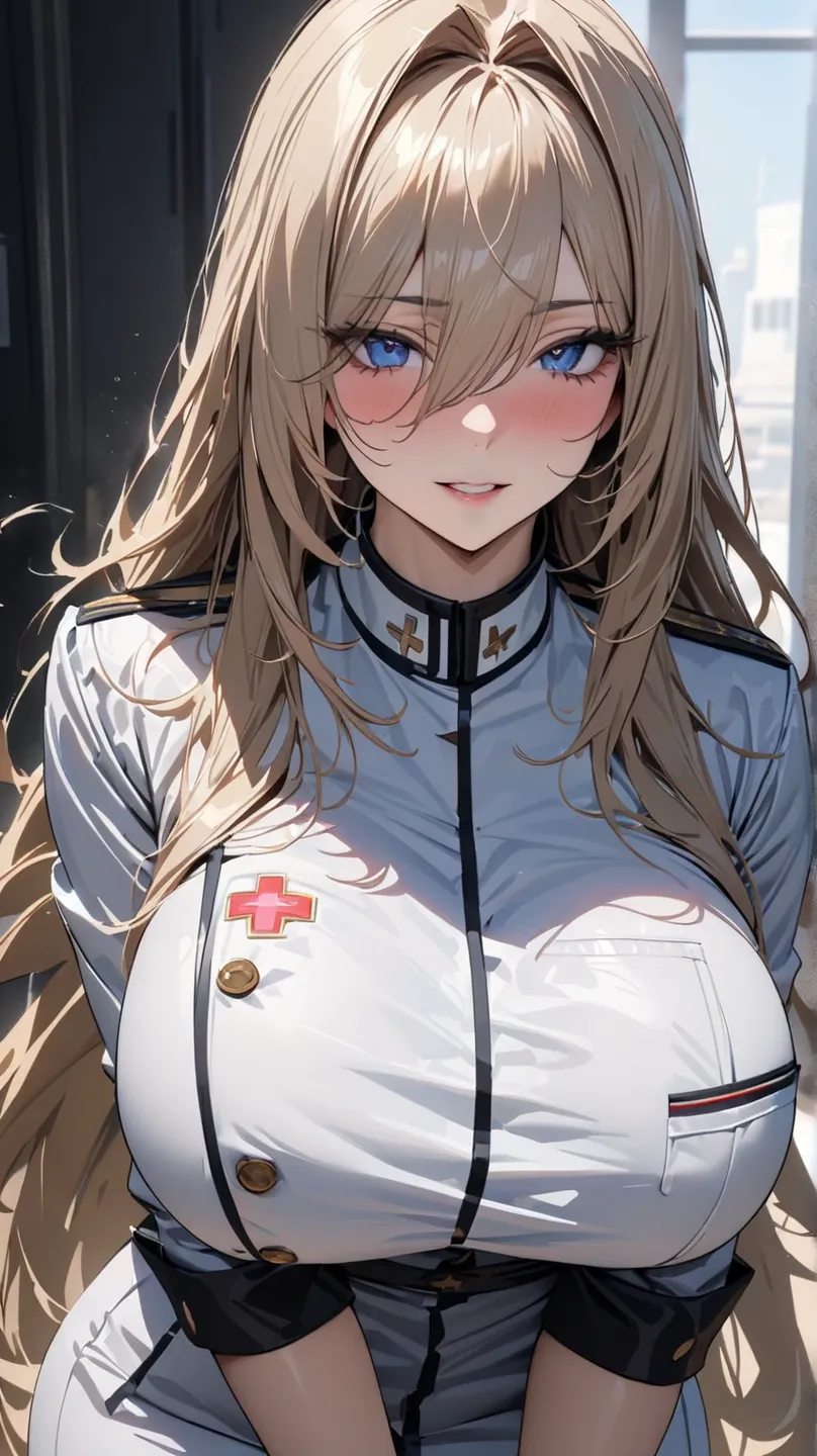 masterpiece , Modern, Verism, masterpiece,  super detail ,  Best quality , 4k ,(( adult face)), Women, wearing a white coat ,Mature Women アメスク Rubia ojos celeste 
Cabello blanco  , PLANO AMERICANO,  long hair ,  Big breasts ,  blue eyes.   sonrisa provocat...