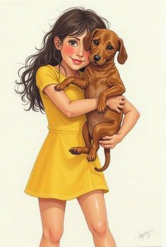 In drawings of a girl hugging a brown sausage dog and that the girl wears a short yellow dress that is very, very tight and that her large breasts are marked 