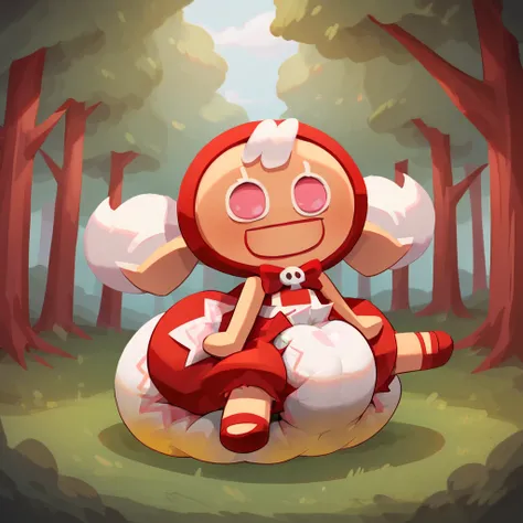 score_9_up, score_8_up, BREAK, CherryCookieRun, 1girl, solo, white hair, pink eyes, red hood, sleeveless dress, red dress, chibi, upper body, forest, small curvy loli, huge breasts, big hips, big diaper, messy diaper, enormous saggy bulging diaper, diaper ...