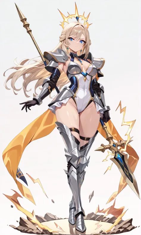 (((masterpiece, best quality, high detailed, 16k))) (1girl) A strikingly powerful goddess with short, spiky platinum blonde hair and electrifying blue eyes. She wears a sleek, metallic armor that crackles with electricity, adorned with lightning motifs. He...