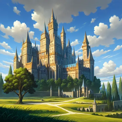 outdoors, day, cloud, blue sky, tree, no humans, grass, cloudy sky, building, scenery, castle, tower,fantasy,