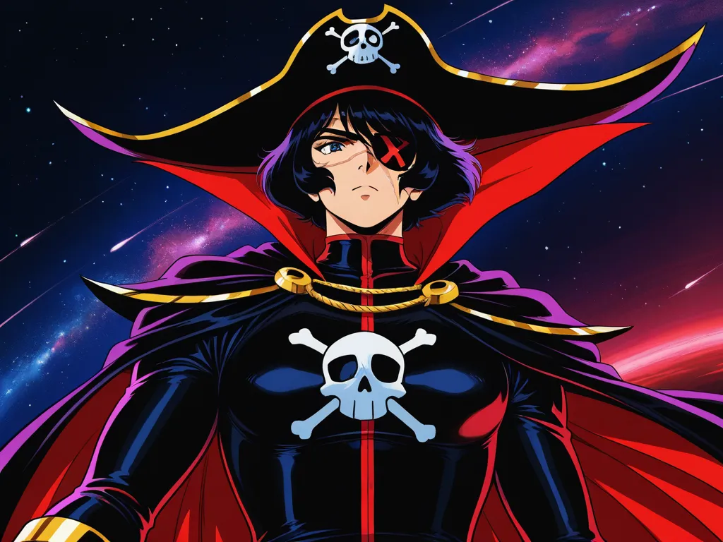 SUBJECT: Captain Harlock from Space Pirate Captain Harlock. CORE DESCRIPTORS: Captain Harlock, human space pirate, anime/manga series. STYLE & ERA: Hand-drawn, classic 1970s-80s anime aesthetic. BODY STRUCTURE: Tall, lean, and athletic build, imposing pres...