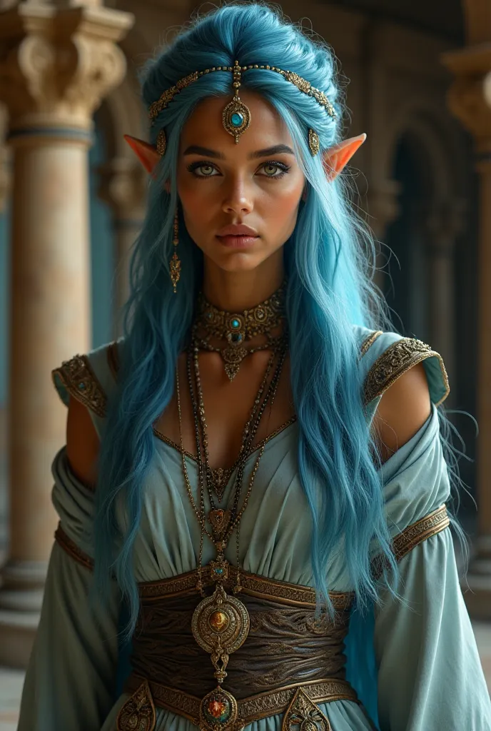 Upper body shot, North African woman, pointed elf ears, caramel skin, sky blue hair, closed mouth, ancient elven noble outfit, elven jewelry, dynamic pose, complex fantasy character, NSFW, cinematic lighting, fantasy, magic, detailed background, in an anci...