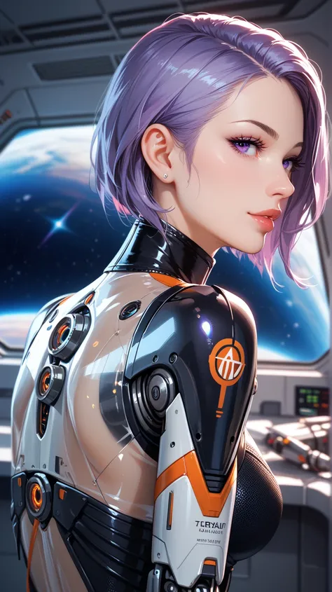 Thin, purple-haired female, purple eyes, cybernetic body parts, seductive, tight see-through bodysuit, military, ultra detailed, spaceship, looking out large window at space, wide stance, close up, dark room, rear view, depth of field,