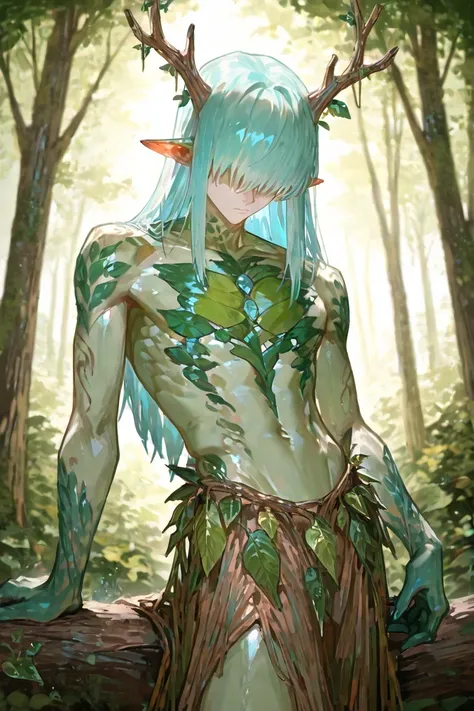 masterpiece, newest, absurdres, safe Solo, high detailed, male, handsome masculine male, Sexy male. Masculine male. Handsome Male, sexy male, Seductive, dryad, male fay, nature elemental, green skin, pale green skin, light blue hair, bangs covering eyes, h...