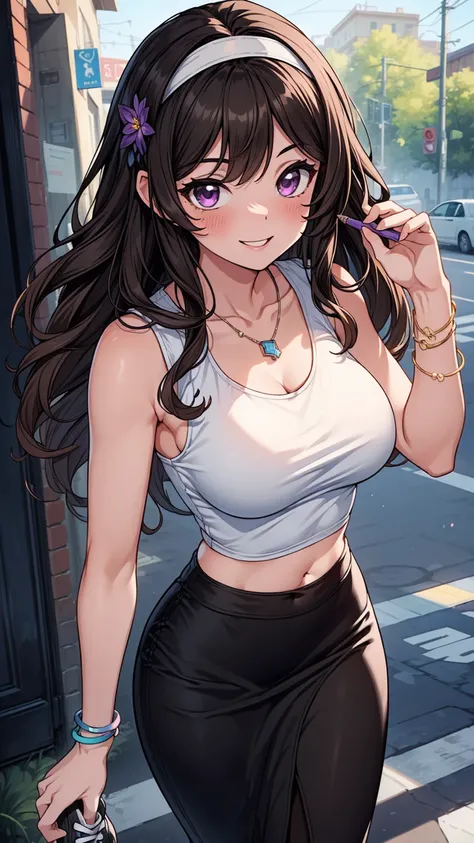 ((masterpiece, best quality:1.3, high detail)), beautiful woman walking, smile, laughing, long wavy hair, (dark brown hair), hairpin, bright purple eyes, light blush, ((white tank top)), (long black midi (pencil skirt)), midriff, navel, black hairband, nec...