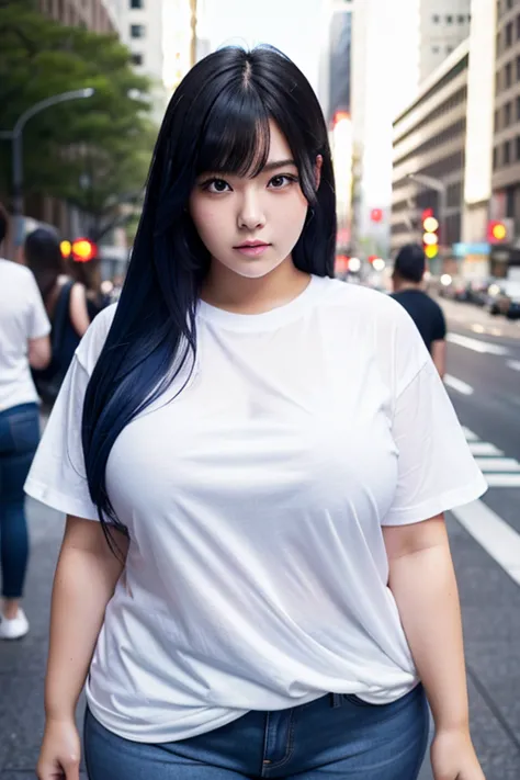 woman１people、plus-size fat、very pretty japanese girl 、21 years old  、wearing white so big silhouette T-shirt not exactly spiffy ( "plane" white T-shirt not transparent )、wearing dark navy jeans、 Attractive red eyes、AYANAMI BLUE HAIR、 have standing nipples ...