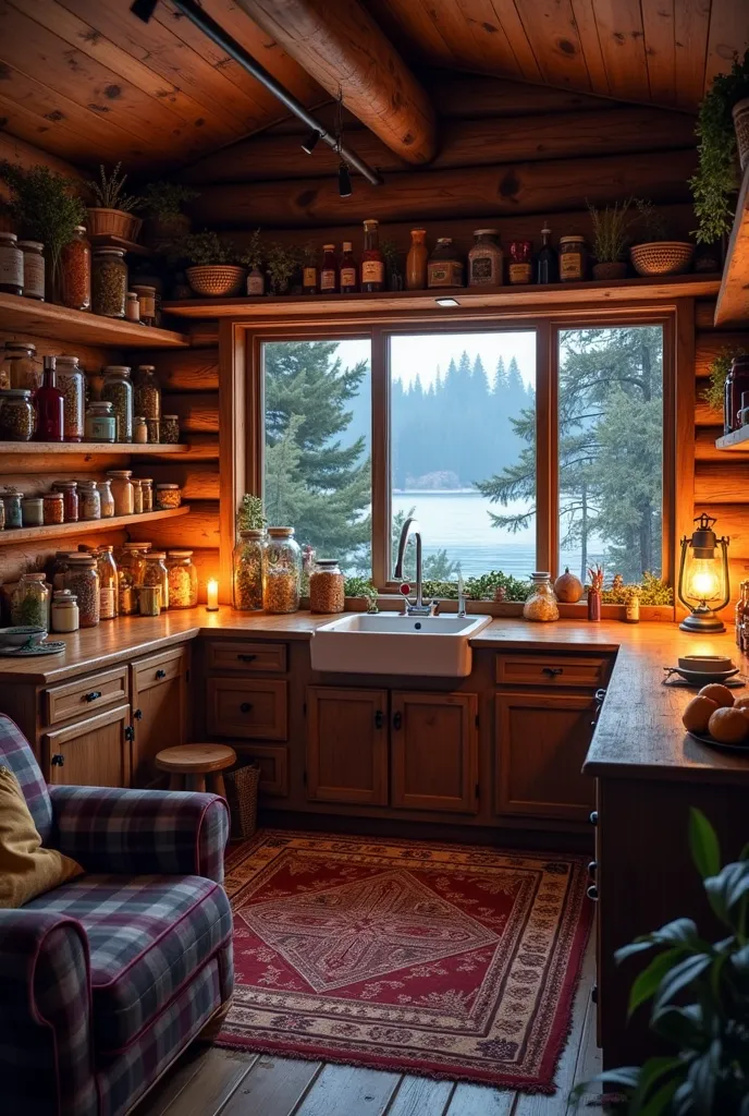 Masterpiece, best high quality, a small but very cozy room in a small log cabin on the shore of a forest lake in the far Arctic. The ceiling was low and boarded, bunches of dried herbs and berries were hung from a stretched fishing line, and there were man...