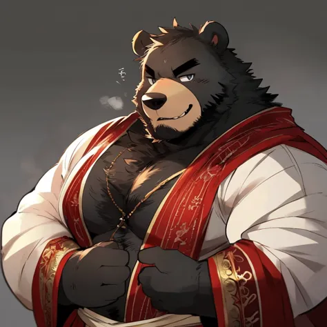 bear, furry, black fur, handsome, very muscular, very big, extremely hot and sexy, beard, hair, chest hair, charming eyes, solo, male, happy expression, daddy, full body, big body, red medieval clothes, middle aged, by hyaku, by darkgem, by glitter trap bo...