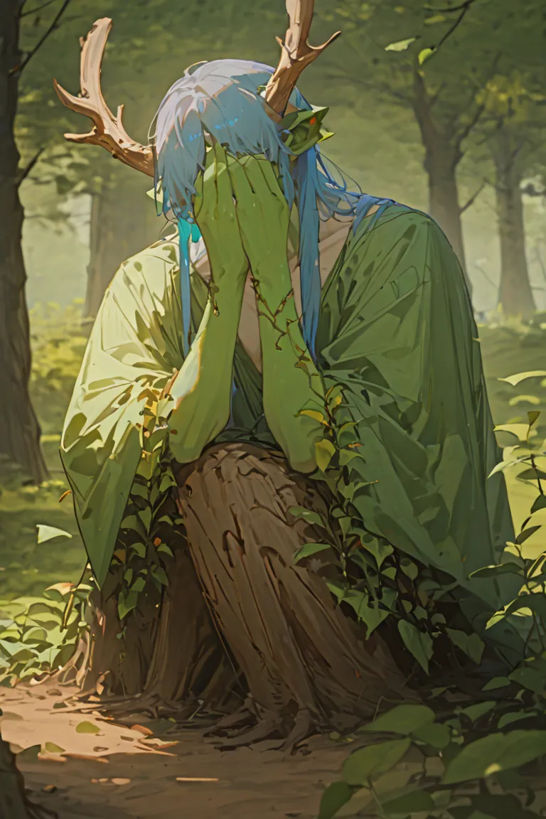 masterpiece, newest, absurdres, safe Solo, high detailed, male, handsome masculine male, Sexy male. Masculine male. Handsome Male, sexy male, Seductive, dryad, male fay, nature elemental, green skin, pale green skin, light blue hair, bangs covering eyes, h...