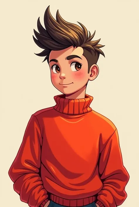 Create a male character drawn boy with a red sweater and cool hair