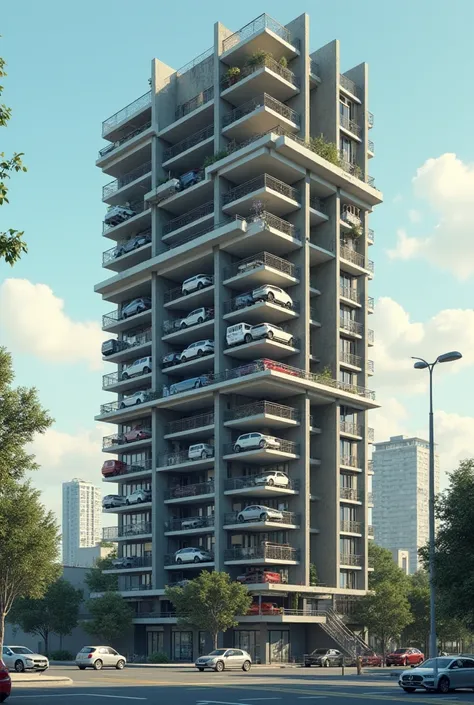  create a realistic picture,  in which the lower half of the high-rise building is occupied by car parking and you should be able to see how the cars are in the building , and the first half is an apartment , use a humorous note
