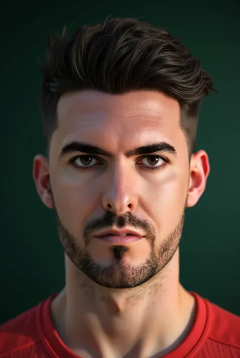  photorealism, ultrarealismo , 8k,  super detailed,  a very attractive 30-year-old man,   Oval face ,  green-gray eyes ,  thick eyebrows, thick eyelashes, dark look, wide cheeks ,  straight nose with wide nostrils , thin upper lip ,  thick lower lip ,  sho...