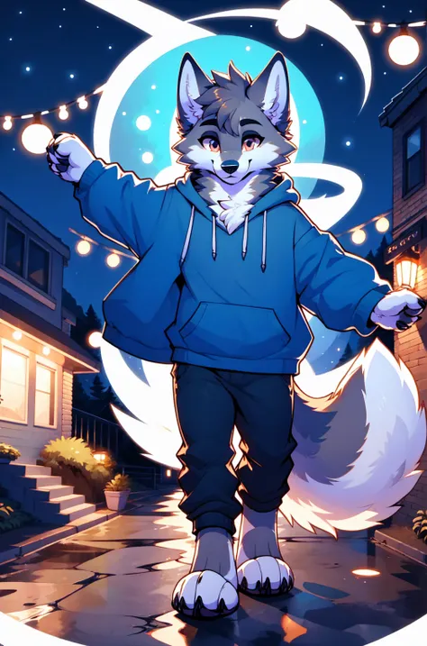 a full body, anthropomorphic brown wolf  wearing a blue hoodie, pants, wolf face, cute face, glossy fur, big fluffy neckfur, posing for a picture in a hill at night with a city in the distance
