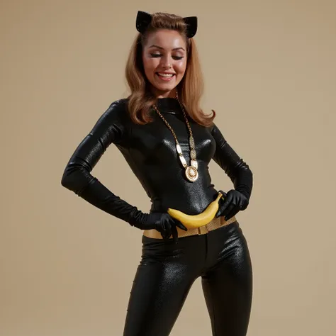 c4tw0m4n woman, full catsuit, ankle boots with high heels, shoving a banana in her belt, eyes closed, big smile