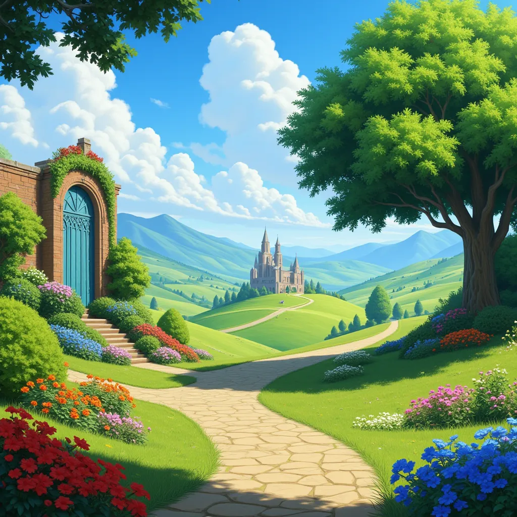 outdoors, day, cloud, blue sky, tree, no humans, cloudy sky, plant, red flower, building, scenery, blue flower, stairs, bush, castle, path, arch, church,fantasy,