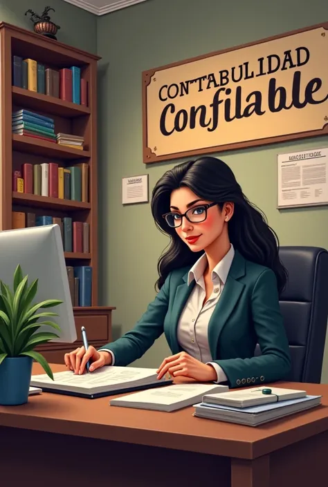 Female accountant in her office .Background phrase in Spanish that attracts potential customers