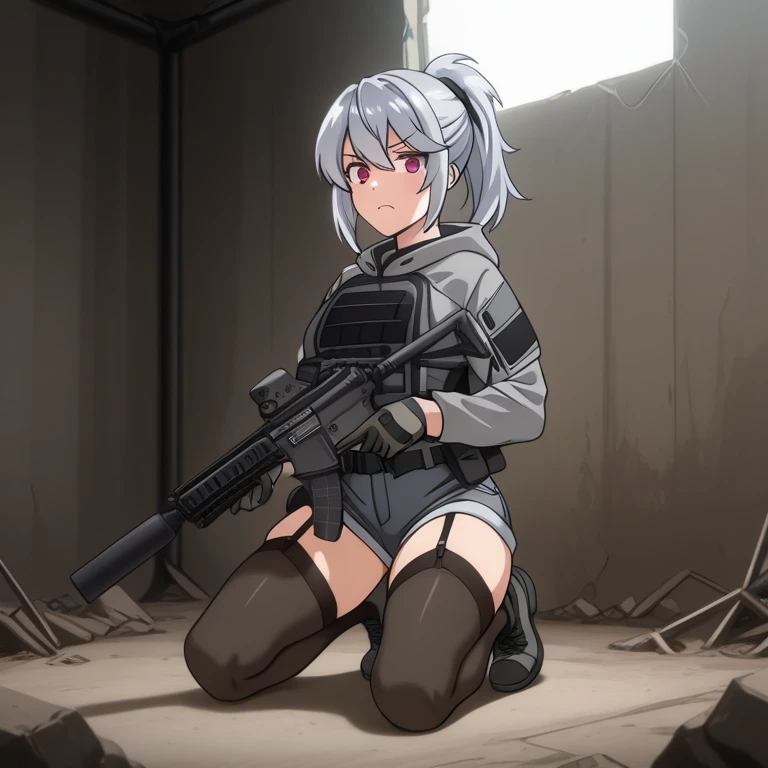  tactical anime-style adult female soldier wearing tactical gear with a fleshy, glamorous figure。 with short silver hair tied in a ponytail with a navy hair band 、 has red eyes 。Has an impatient expression。 equip it with black tactical armor over a gray ho...