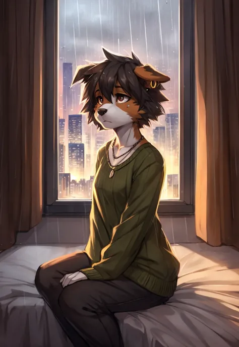 By Zackary911, Zackary911, cute anthro, canine, Australian shepherd, short messy hair, brown iris, ear piercing, necklace, olive sweater, sad expression, heavy eyes, perfect portrait, detailed background, sitting in bed, modern bedroom, next to window, cit...