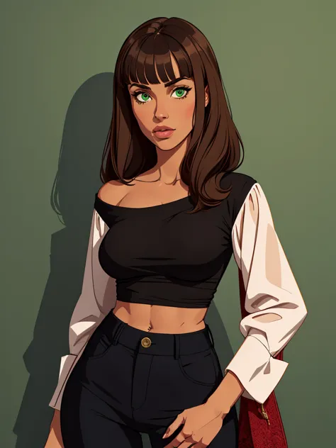 2D drawing style, a brunette age girl with brown skin, long brown hair and bangs, green eyes, wearing a red mule-mache blouse, black top underneath the blouse, black pants with low waist, wearing clogs, a raccoon on her shoulder. green background