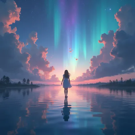 A surreal sky with glowing astral clouds, girl walking on water,  vibrant aurora borealis, deep cosmic colors, scattered light, dreamy atmosphere, ultra-detailed, cinematic lighting, 8K resolution