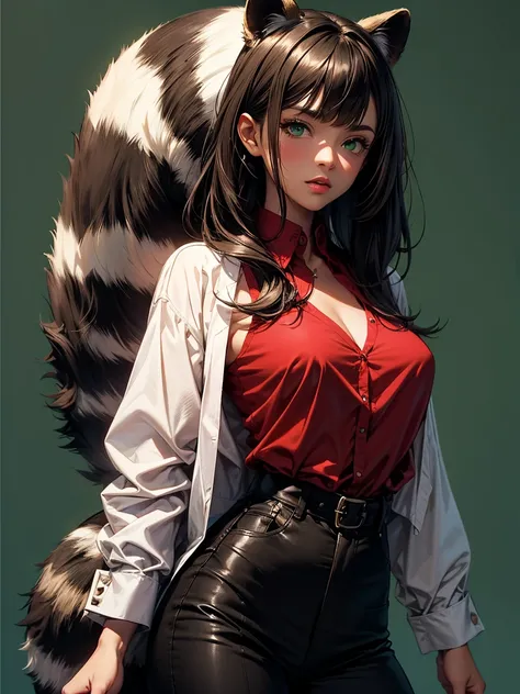 2D drawing style, a brunette age girl with brown skin, long brown hair and bangs, green eyes, wearing a red mule-mache blouse, black top underneath the blouse, black pants with low waist, wearing clogs, a raccoon on her shoulder. green background