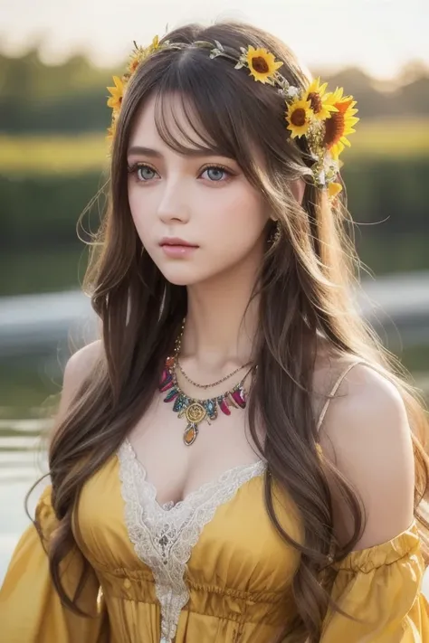 (  Absurdly ,  High Quality  ,  ULTRA DETAIL ) ,( Handmade ) ,  1 girl, Alone,  mature,   very long hair , Sunflower Hair ,  beautiful crystal eyes  ( Eye details ) Baroque,  necklace,  long dress ,  Long Sleeve ,  elegant ,  colorful ,  Best Details ,  up...