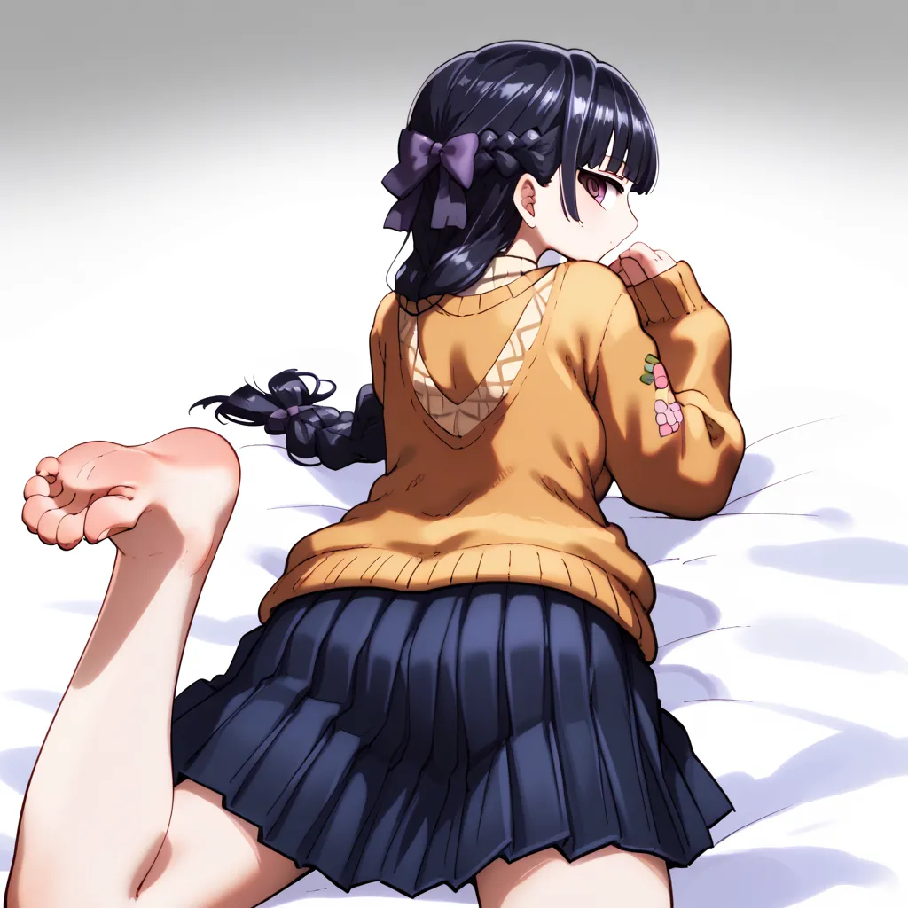 yuzuginfeet, 1girl, barefoot, black hair, bow, braid, cardigan, feet, female focus, foot focus, foreshortening, gradient background, hair bow, long hair, looking back, lying, on stomach, the pose, rear view, from above, brown eyes, pleated skirt, ringed ey...