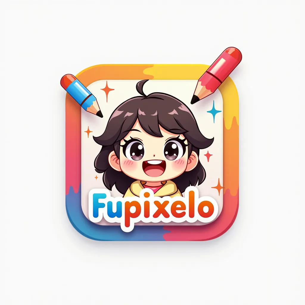 A logo for a mobile app with an anime character in the logo and the name of the app that is FuPixelo, How to learn to draw