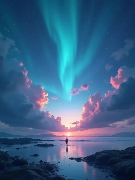 A surreal sky with glowing astral clouds, a tiny figure walking on water in the distance, vibrant aurora borealis, deep cosmic colors, vast landscape, wide-angle shot, endless horizon, scattered light, dreamy atmosphere, ultra-detailed, cinematic lighting,...