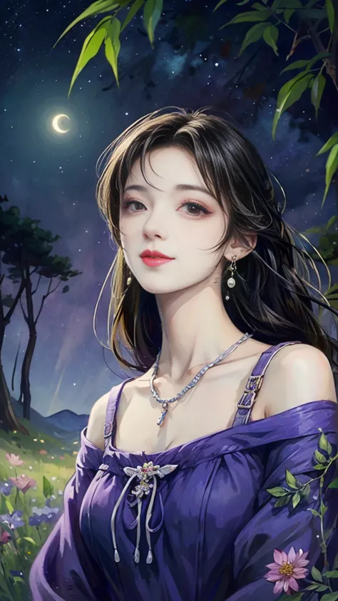  top quality、  masterpiece、   high definition 、   young beautiful woman、 Perfect Face 、Brown-black long hair  、  perfect style 、I'm wearing a light purple dress、  earrings、  necklace、 Long, narrow eyes、 look at me and smile、 night sky、  starry sky  、Shinin...