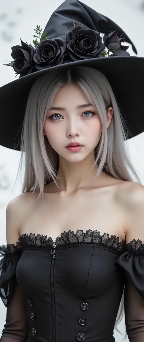  Photorealistic images of a tall, beautiful East Asian young woman , Flowing silver hair ,  she wears a large black witch hat adorned with black roses .  She wears a black off-the-shoulder costume with lace embellishments ,  give her an elegant and mystica...