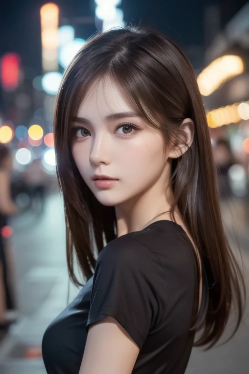 (Best quality, High resolution, Masterpiece :1.3), A pretty woman, Slender figure, Dark brown hair, T-shirt, (Street in city at night), Highly detailed face and skin texture, Detailed eyes, Double eyelid