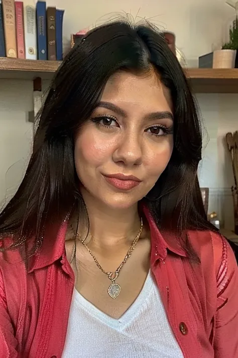 a close up of a woman with a red shirt and a book shelf, alanis guillen, lorena avarez, pilar, estefania villegas burgos, magda torres gurza, beautiful mexican woman, adriana dxim, fernanda suarez, ayahausca, youtube video screenshot, closeup headshot, fac...