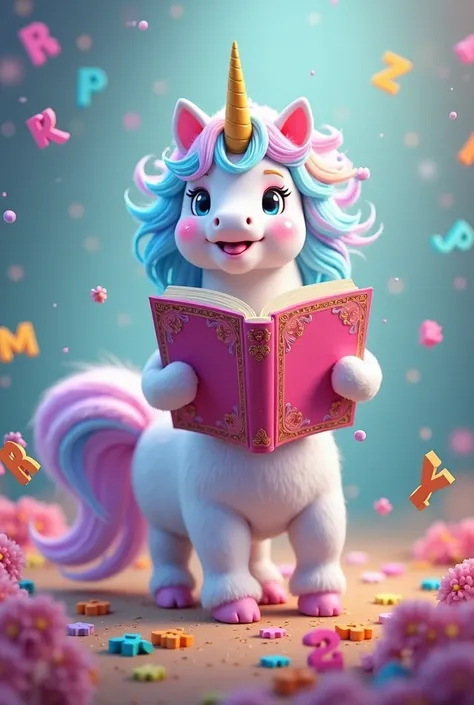 I want a colorful animated unicorn with a pink book and surrounding alphabet letters with a red background 