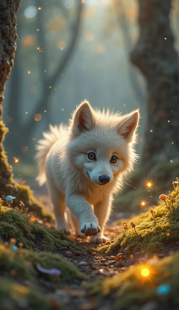 **" An ultra realistic and extremely cute little wolf , with a soft coat , voluminous and shiny,  radiating a faint silver and gold reflection ,  as if each strand of hair were woven with magic .  Their large and expressive eyes shine with tenderness and c...