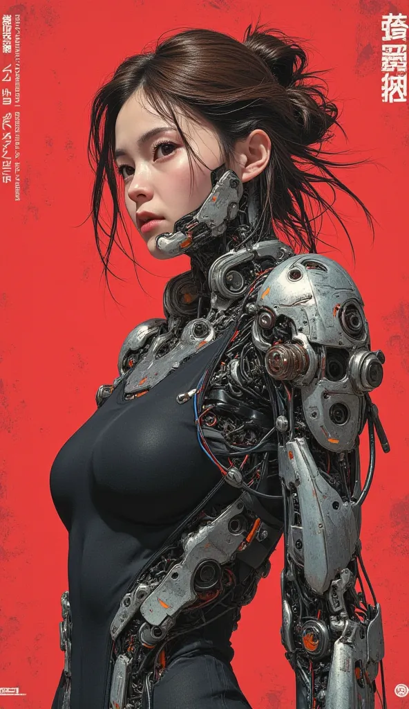 Cyberpunk female figure, young adult, with intricate mechanical augmentation.  Dark, flowing, auburn hair styled in a bun.  Neutral expression, pensive gaze directed to the right side of the image.  Wearing a dark, sleek, black outfit with metallic accents...